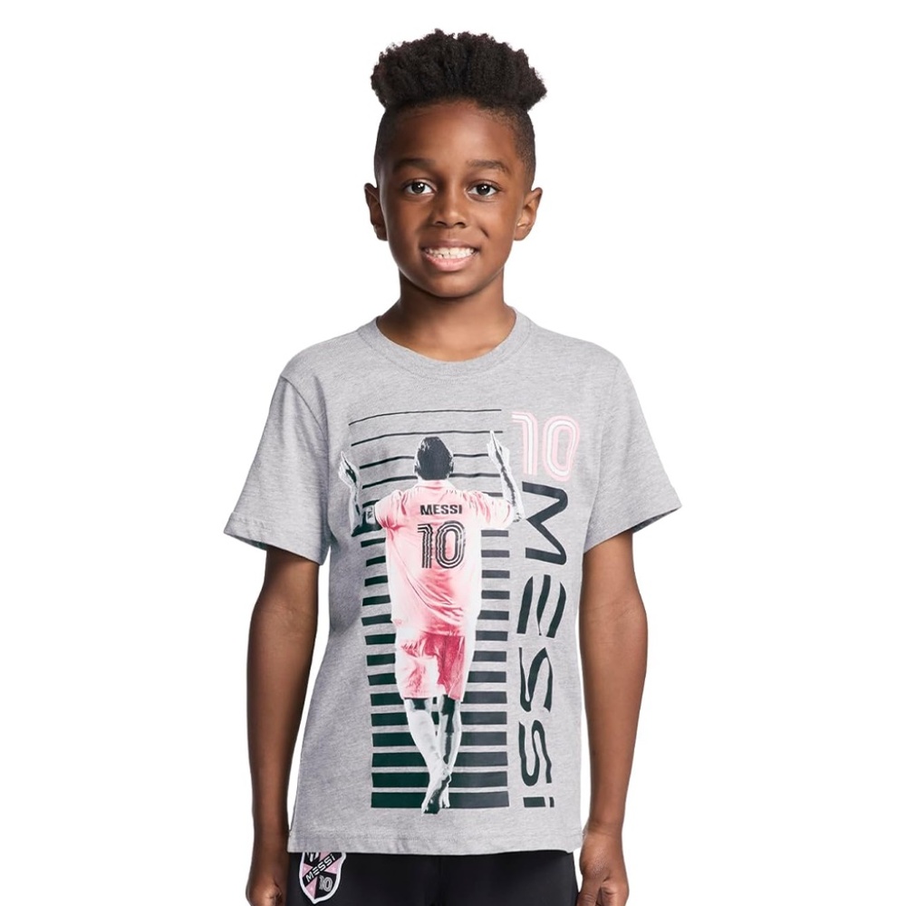 Messi Collection | Boys L (14/16) T-shirt | Gray with Graphic of Messi